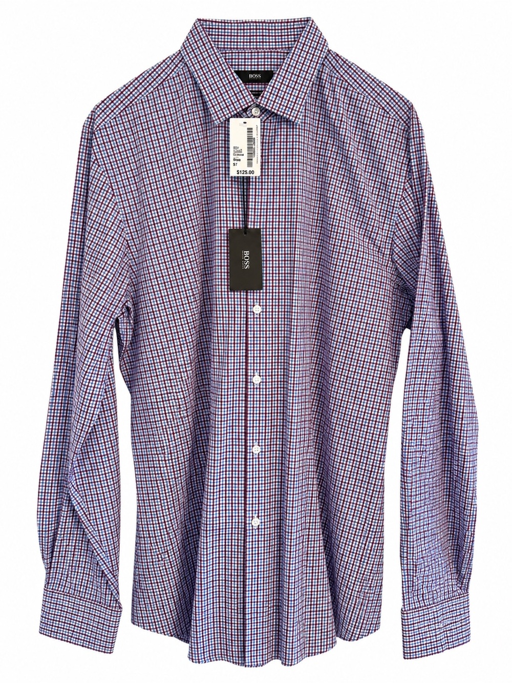 BOSS Hugo Boss Check Dress Shirt 17 36/37 Blue Burgundy NWT